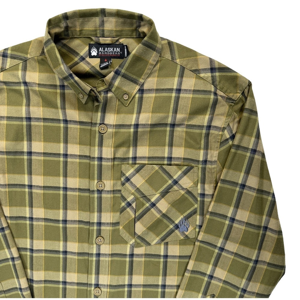 Alaskan Hardgear Mens Large Olive Green Plaid Button Down Shirt Long Sleeve